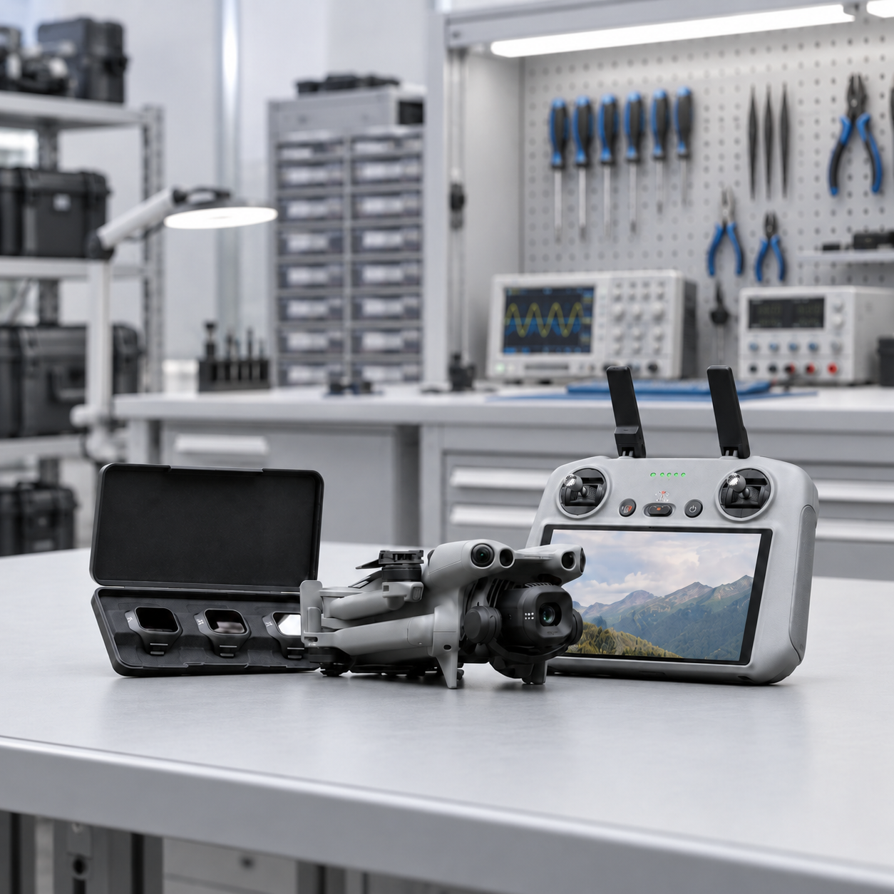 Teknik çalışma odasında drone, ekranlı kumanda ve filtre aksesuarları
