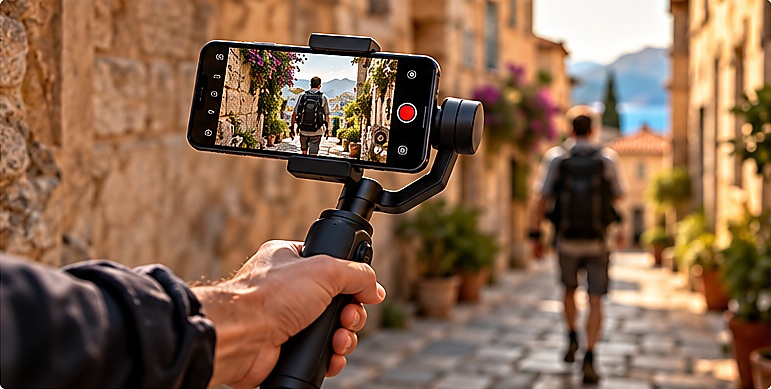 Telefon gimbaliyle tarihi bir sokakta seyahat videosu çekimi