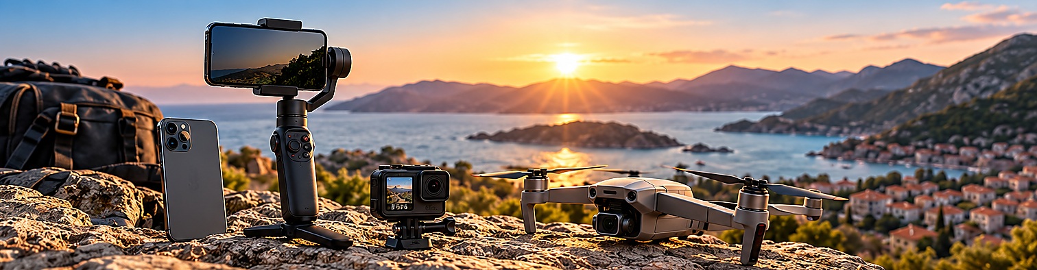 Seyahat videoları için telefon, gimbal, aksiyon kamerası ve drone